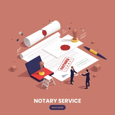 Notary services colored and isometric composition two two people make contract and shake hands and there is the stamp on the document in background vector illustration