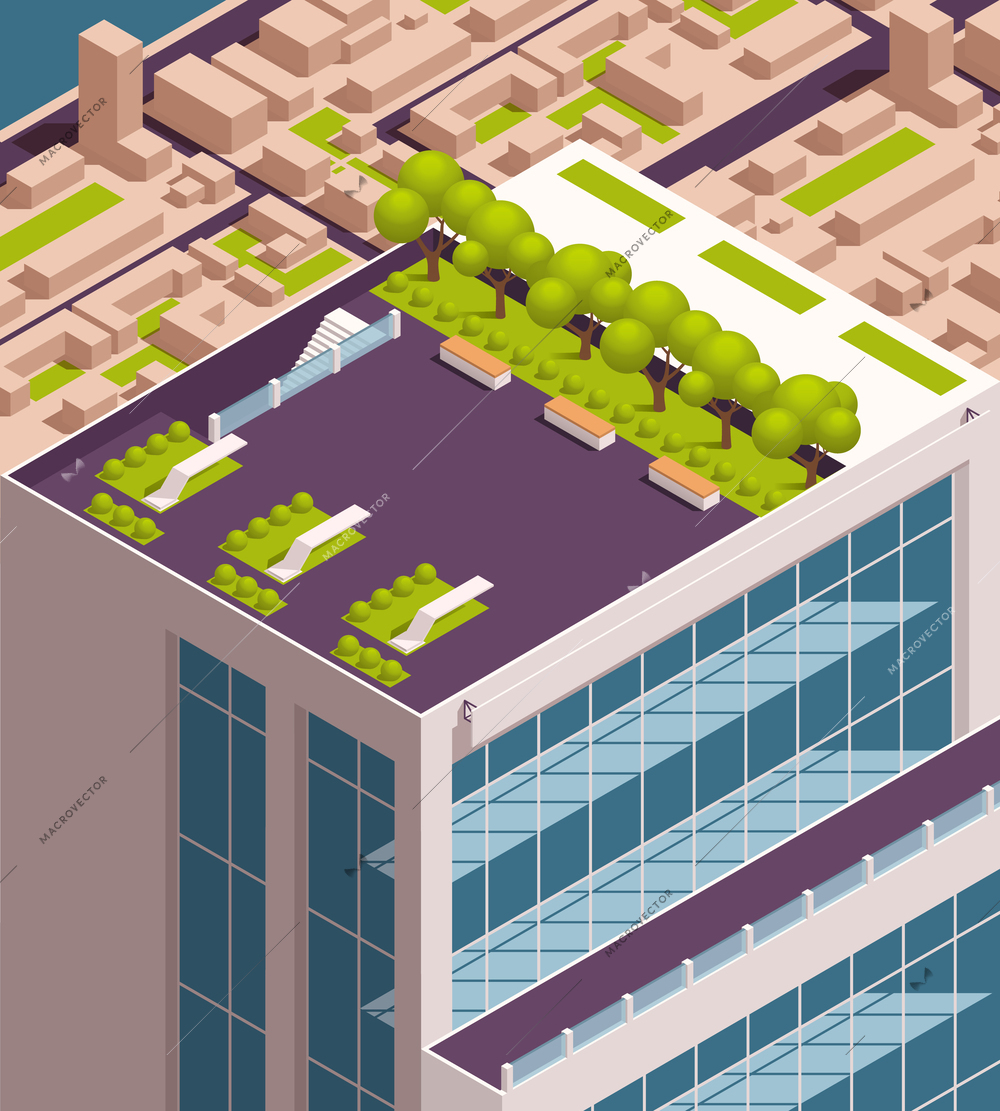 Urban city green spaces eco design isometric colored concept with green bushes trees and decorations on the roof of the high rise vector illustration