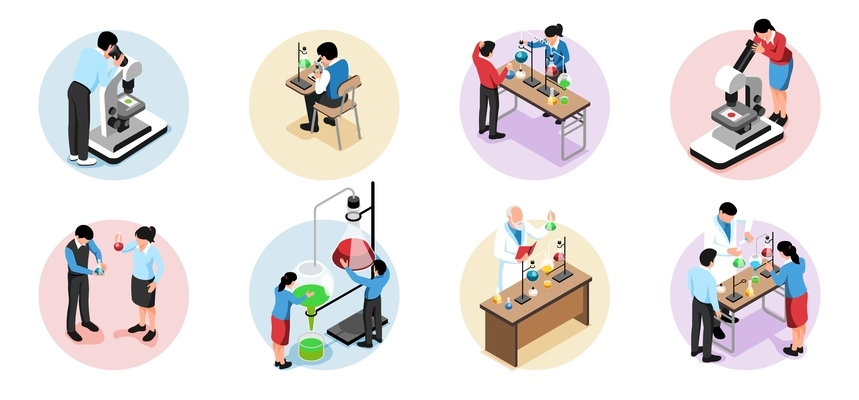 School science lab isolated round compositions with pupils during chemical experiment in chemistry class isometric vector illustration
