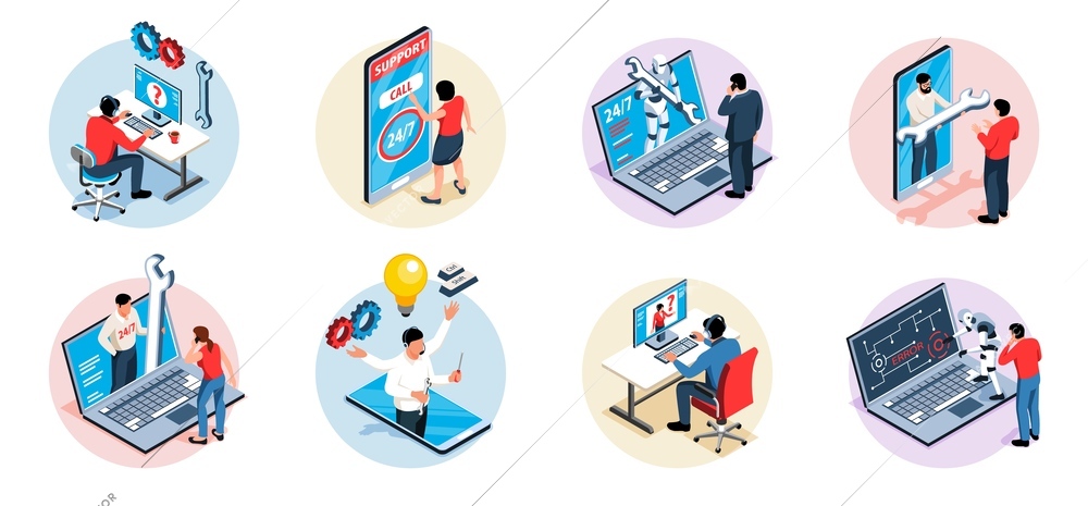 Technical support isolated round compositions with people making phone calls for inspection and assistance isometric vector illustration