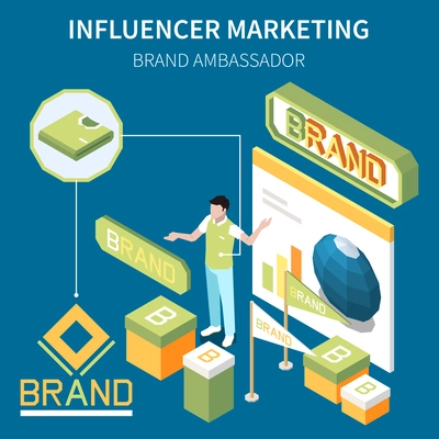 Influencer marketing isometric composition with male character presenting brand strategy with boxes charts flags and text vector illustration