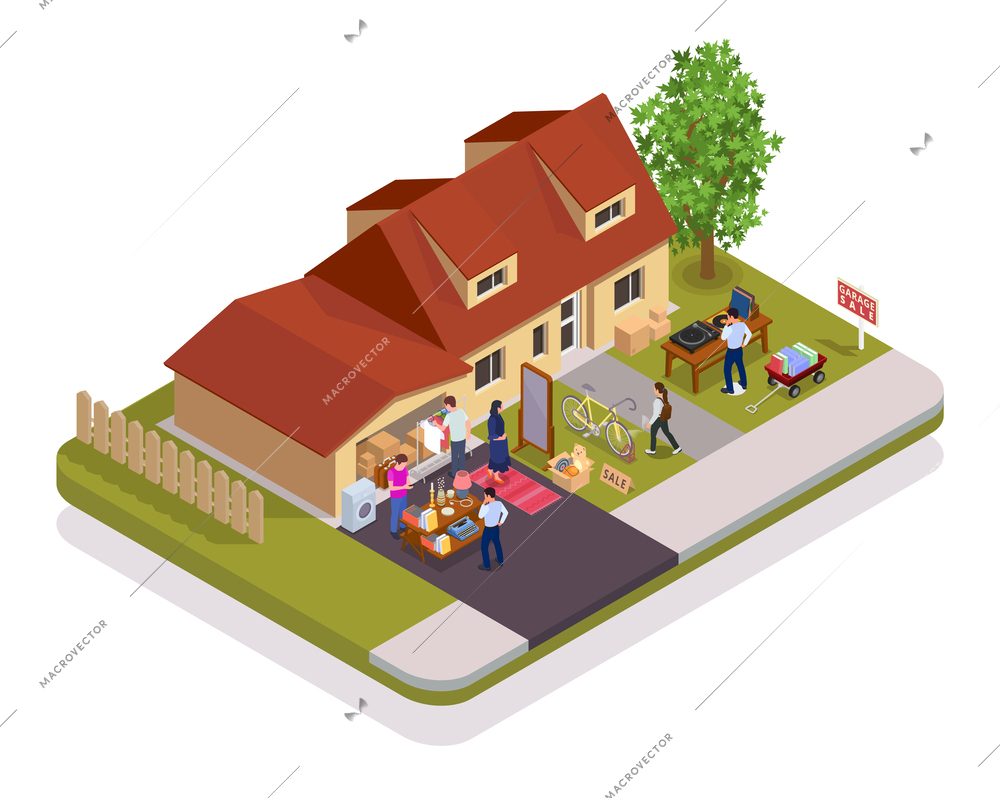 Garage sale isometric concept with second hand market in front of country house vector illustration