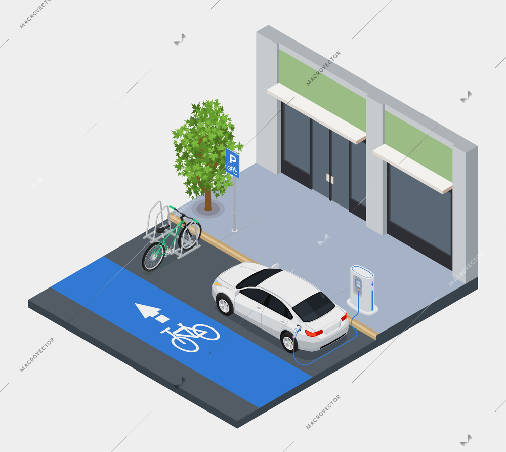Electromobile transport isometric concept with electric car charging station vector illustration