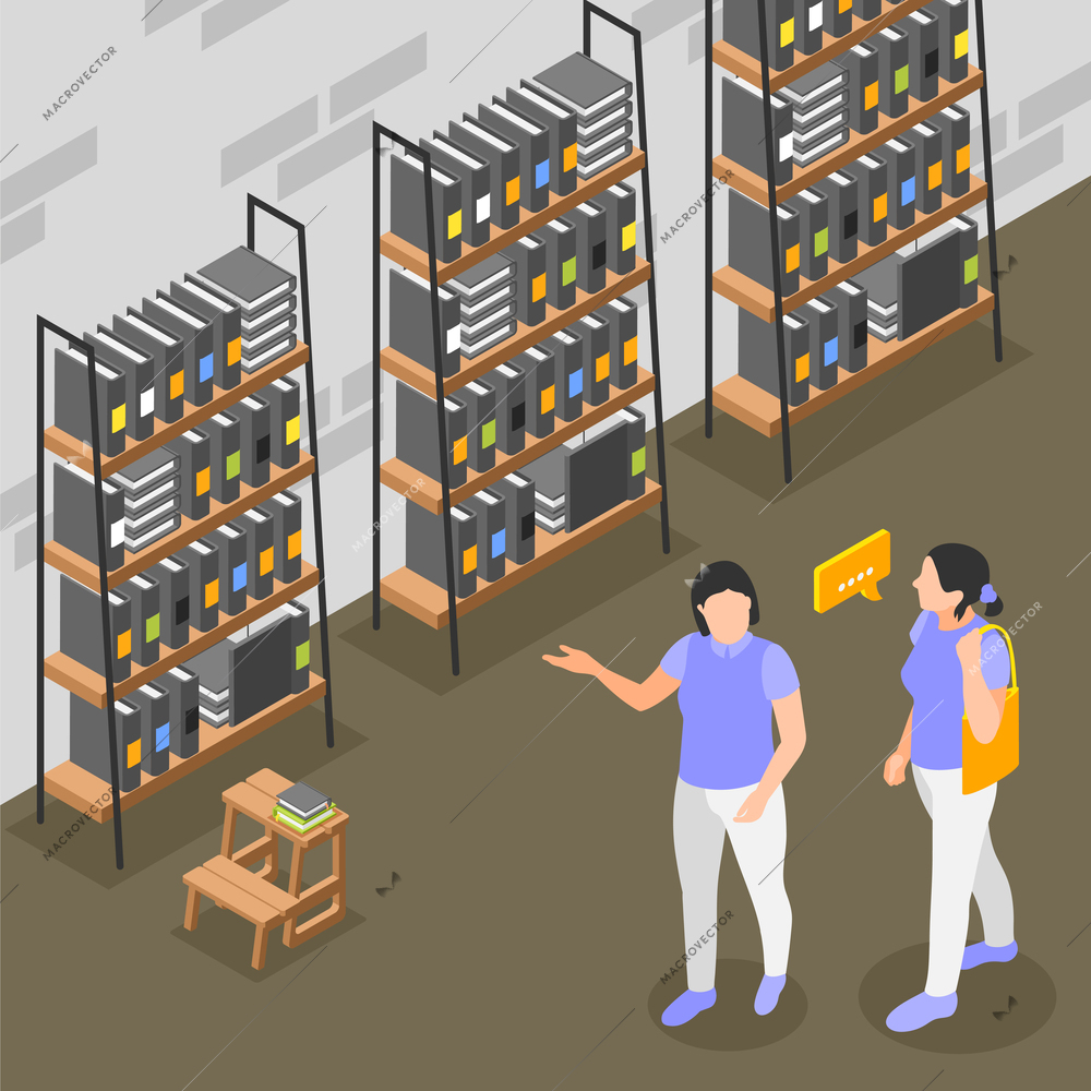 Female shop assistant helping customer choose book in store isometric background vector illustration