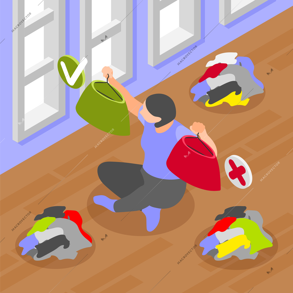 Woman decluttering her wardrobe choosing spring outfit isometric vector illustration