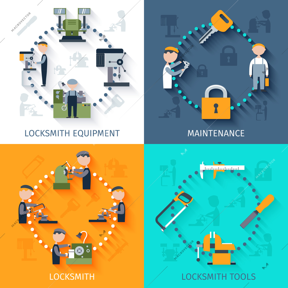 Locksmith design concept with maintenance equipment and tools flat icons isolated vector illustration