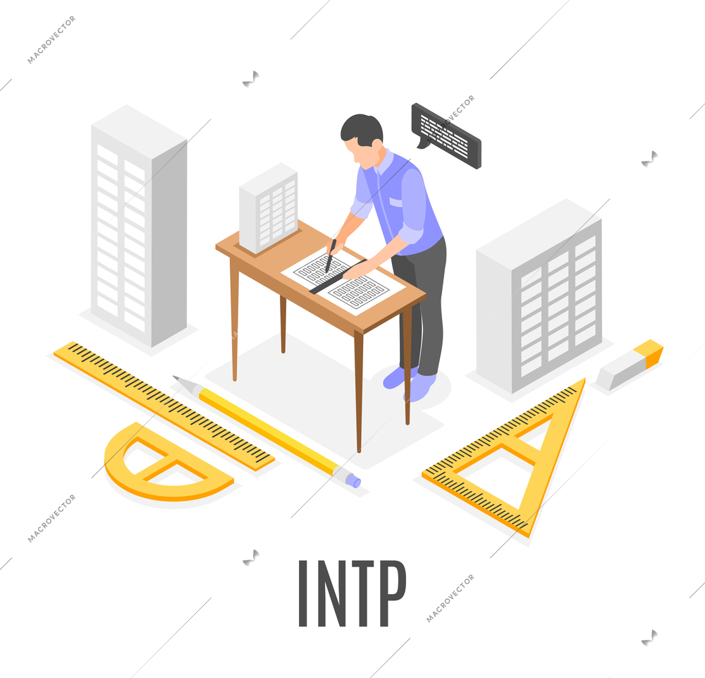 Intp mbti personality type composition with male architect during work 3d isometric vector illustration