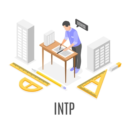 Intp mbti personality type composition with male architect during work 3d isometric vector illustration