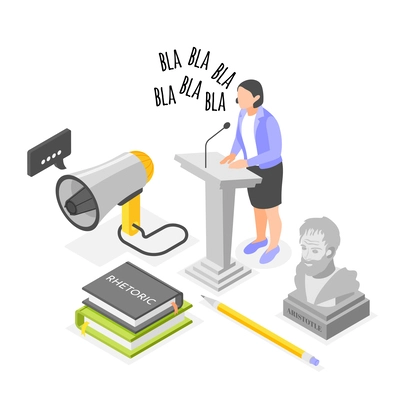 Rhetoric isometric composition with books loudspeaker aristotle and woman during debate 3d vector illustration