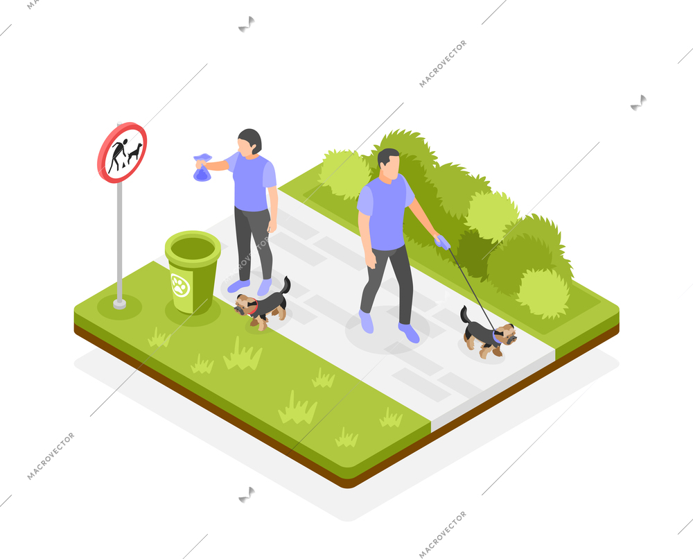 People walk in park and clean up after their dogs isometric concept 3d vector illustration