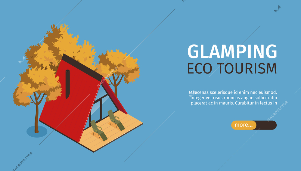 Isometric glamping horizontal banner with slider more button editable text and image of a-form house vector illustration