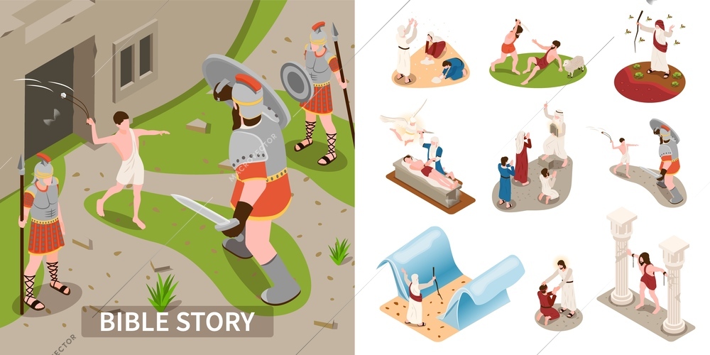 Bible story composition with religion and miracle symbols isometric isolated vector illustration