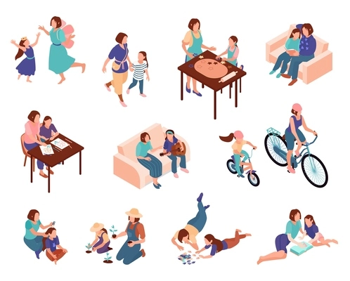 Motherhood isometric color set with mum and daughter doing various activities together reading playing riding bike cooking isolated vector illustration