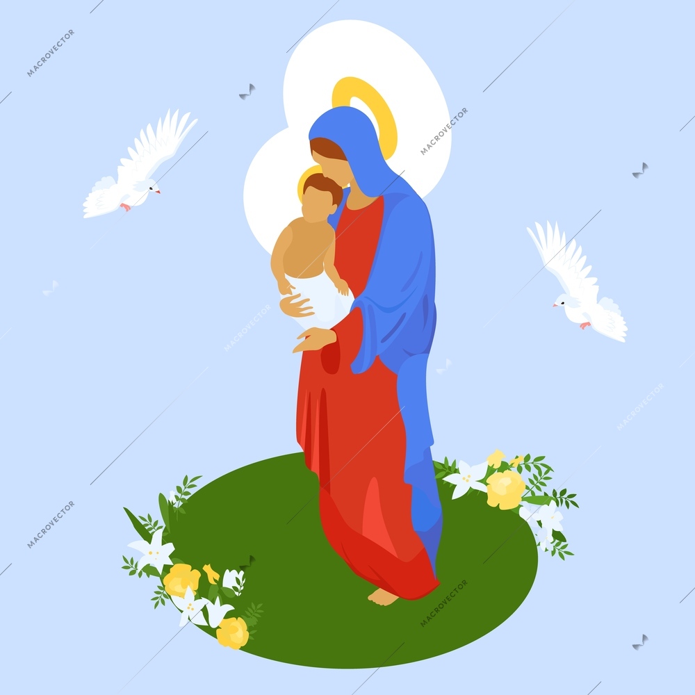 Virgin mary holding little jesus christ in arms on color background with flying doves isometric vector illustration