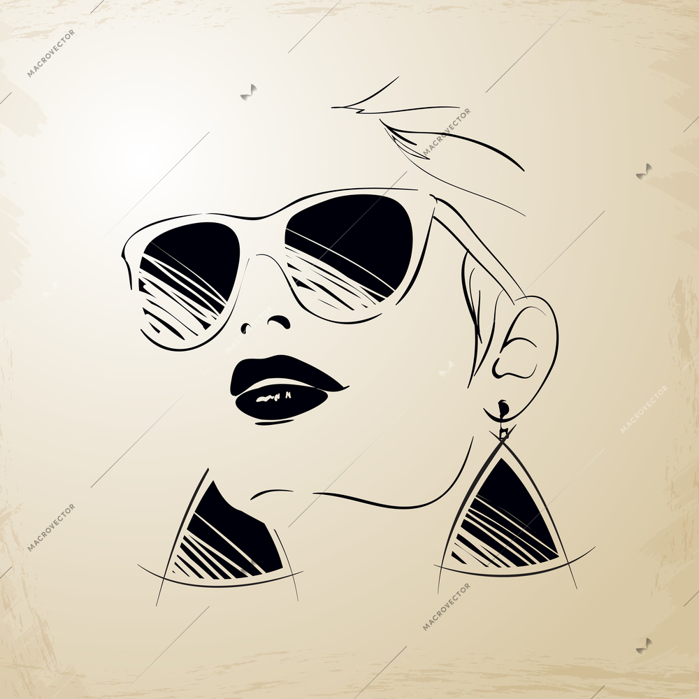 Vintage young woman face with big earrings and sunglasses close-up isolated vector illustration