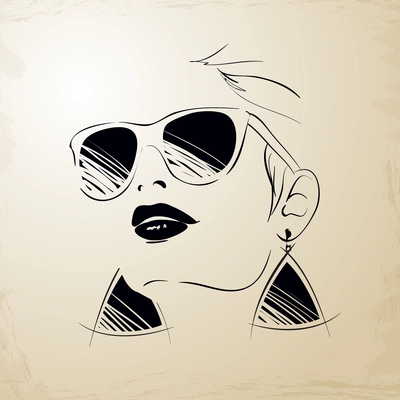 Vintage young woman face with big earrings and sunglasses close-up isolated vector illustration