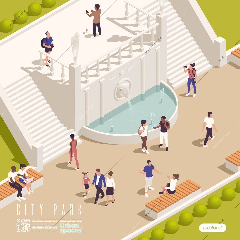 Park fountains ponds gazebo isometric composition with outdoor scenery of historic landmark with stairways and people vector illustration