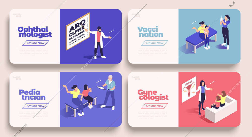 Pediatrics pediatrician isometric set of four horizontal banners with editable text vaccination ophthalmologist and gynecologist doctors vector illustration