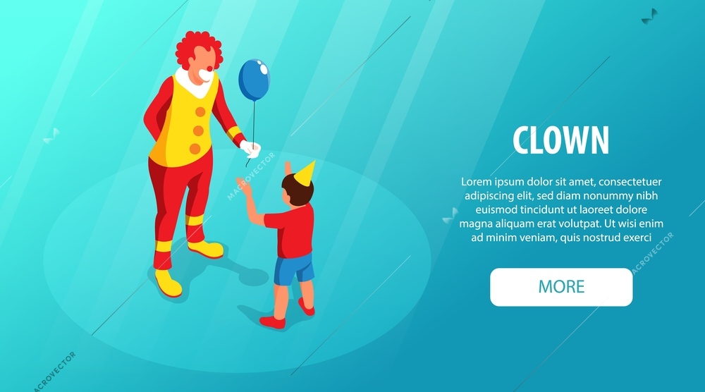 Clown wearing colorful costume and wig giving blue balloon to little boy isometric horizontal website banner vector illustration