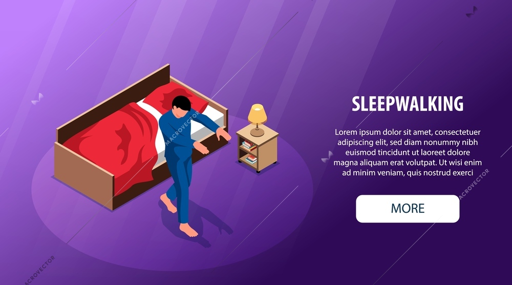 Sleepwalking isometric horizontal web banner with man suffering from somnambulism vector illustration