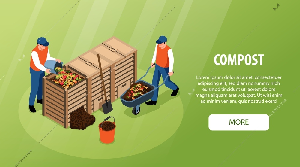 Men collecting waste to make compost in wooden boxes isometric horizontal banner green background vector illustration