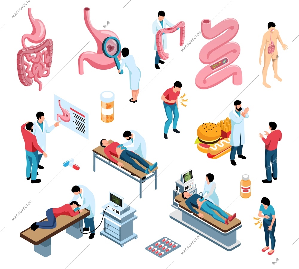 Gastroenterologist isometric set with doctors patients and medical equipment 3d isolated vector illustration