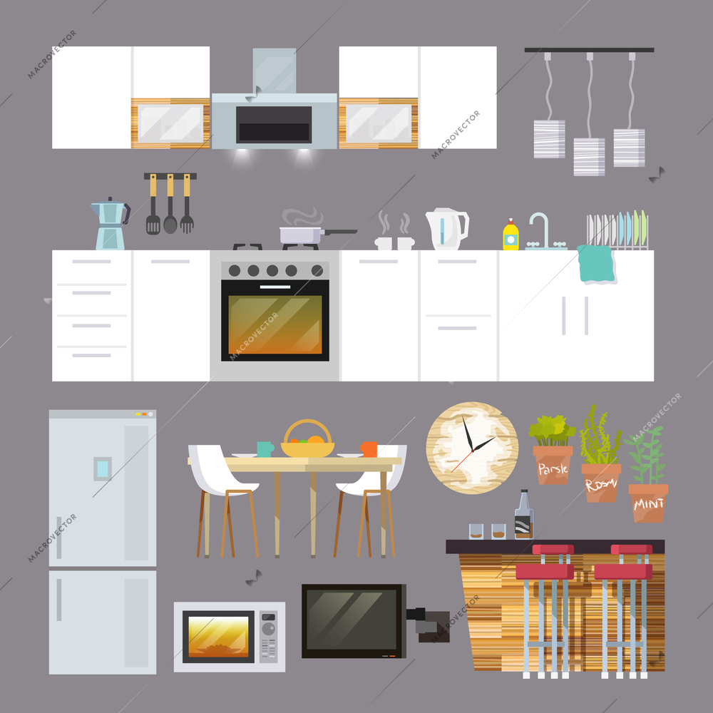 Kitchen interior and furniture decorative icons flat set isolated vector illustration