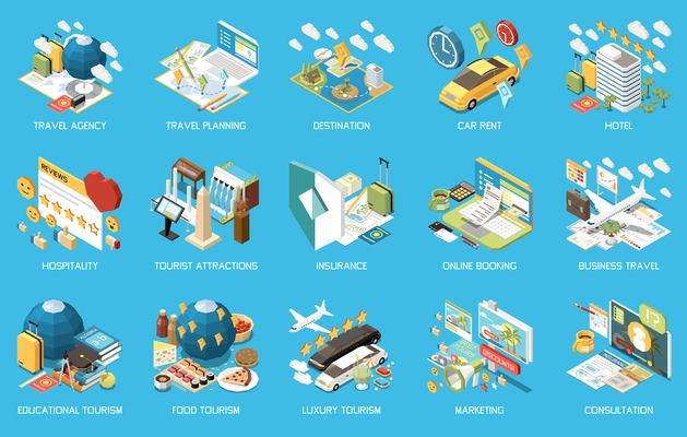 Touristic travel agency isometric concept icon set with travel planning destination car rent hotel hospitality attractions insurance online booking and other descriptions vector illustration