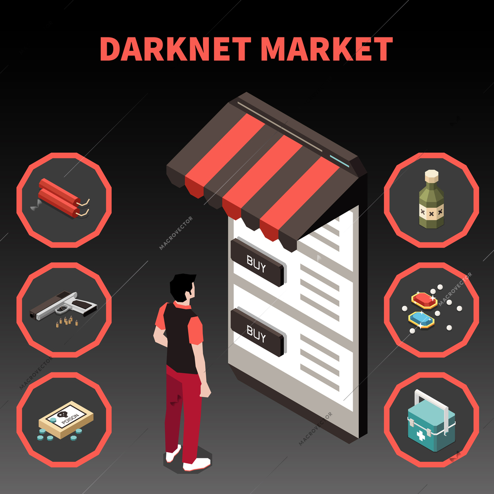 Black market isometric concept with darknet market and man buying illegal items vector illustration