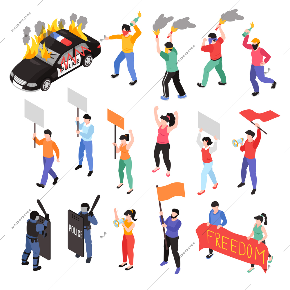 Isometric protest rally set of isolated icons with burning police car and human characters of rioters vector illustration