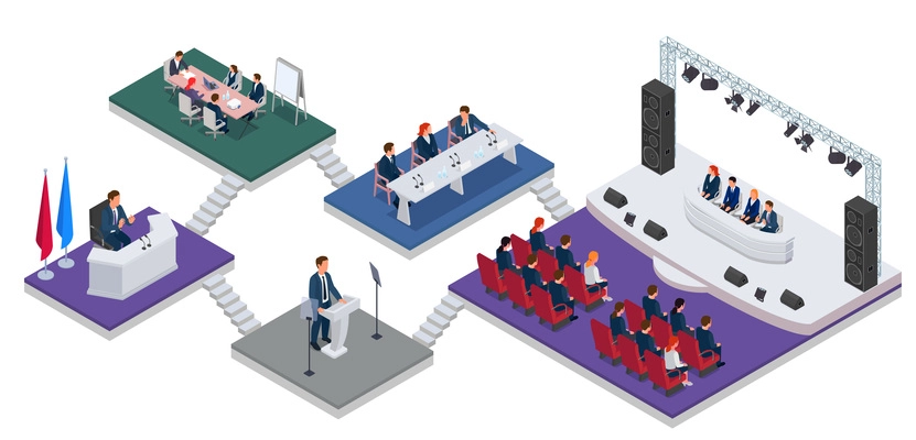 Conference hall concept with meeting room symbols isometric vector illustration