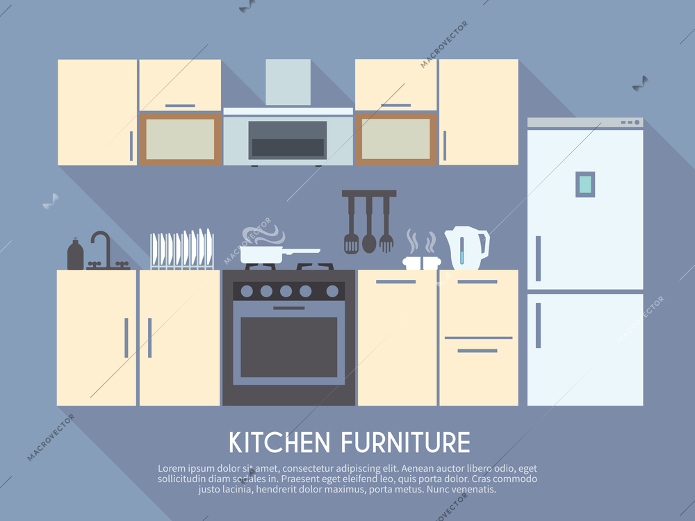 Kitchen interior design with furniture equipment and utensils flat vector illustration
