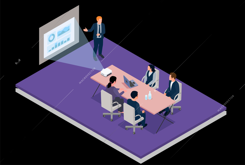 Meeting room concept with discussion and conference symbols isometric vector illustration