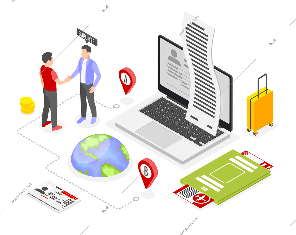 Work migration isometric composition with plane tickets suitcase and man leaving country for employment abroad vector illustration