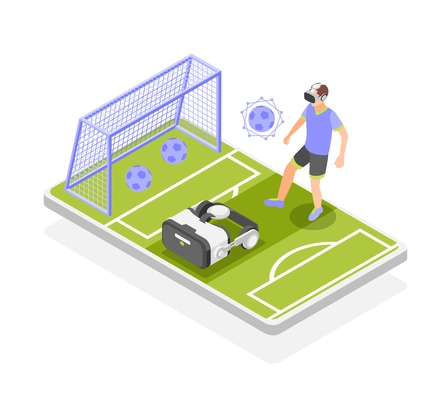 VR sports trainings colored and isometric composition man plays with a virtual soccer ball on the field vector illustration