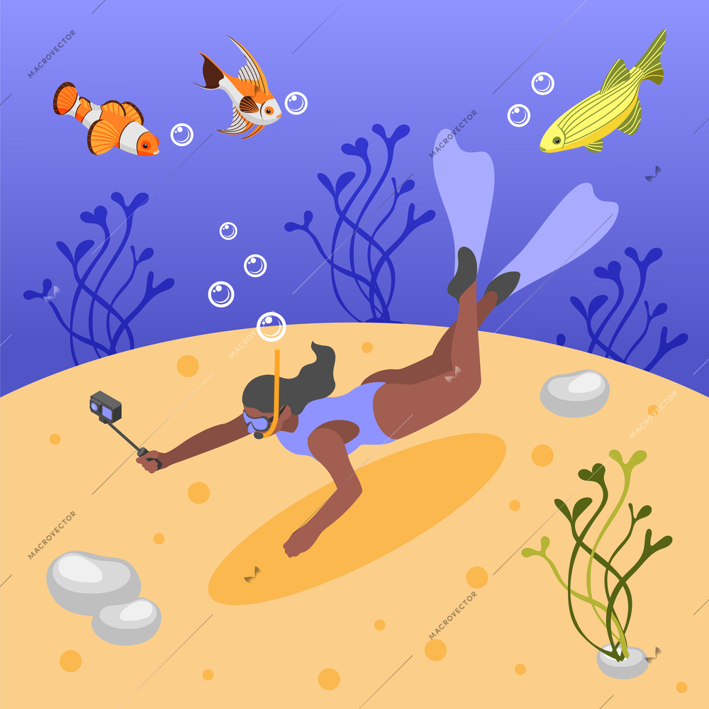 Woman snorkelling and shooting video on action camera underwater isometric background vector illustration