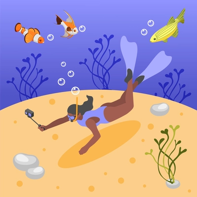 Woman snorkelling and shooting video on action camera underwater isometric background vector illustration