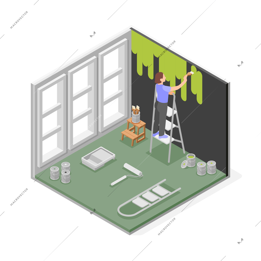 Woman standing on folding metal ladder and painting room walls with green paint isometric composition vector illustration