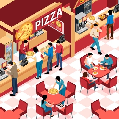 Food court visitors ordering pizza making coffee and eating burgers 3d isometric vector illustration