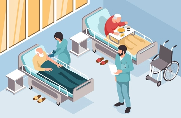 Elderly people having lunch and getting injection in hospital room 3d isometric vector illustration
