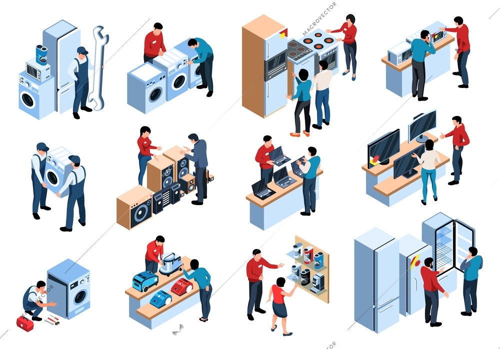 Isometric appliances store with service and repair set of isolated compositions with shop assistants and clients vector illustration