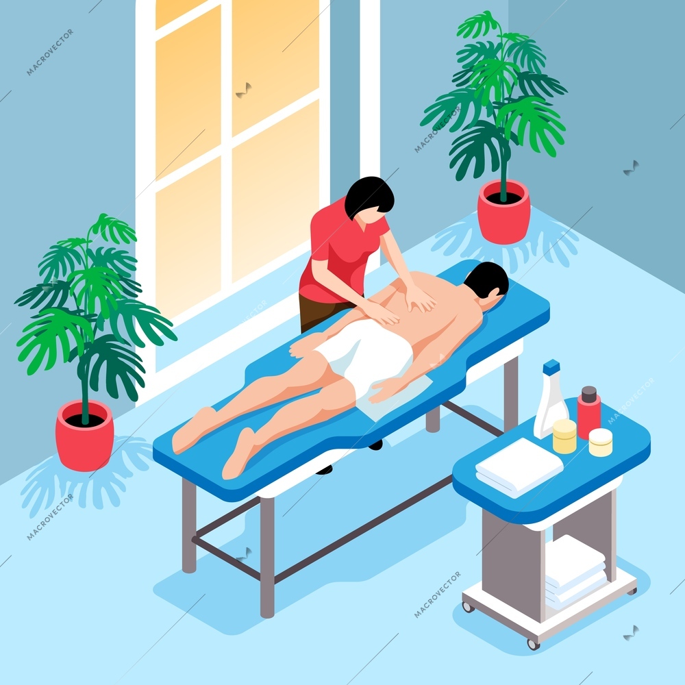 Isometric massage composition with indoor view of massage table and lubricants with massage therapist and patient vector illustration