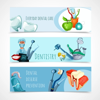 Stomatology horizontal banner set with everyday dental care dentistry dental disease prevention elements isolated vector illustration