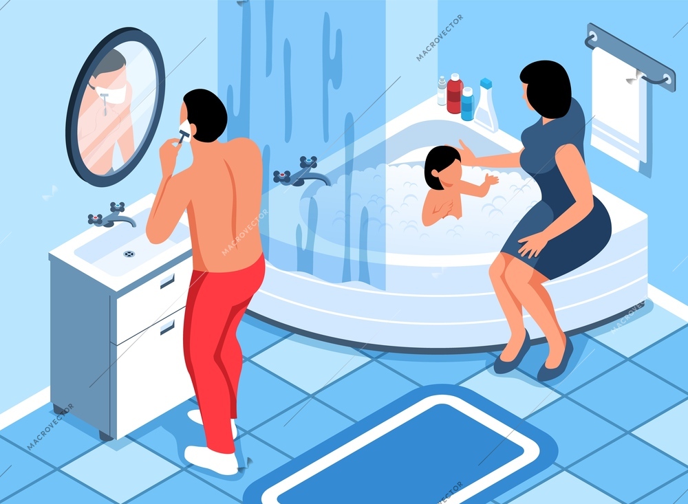 Isometric hygiene composition with human characters of shaving man and woman giving a bath to child vector illustration