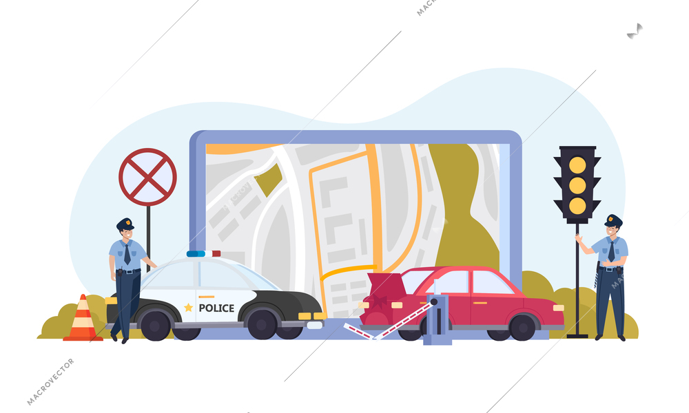Traffic police colored flat composition police car next to the passenger car and traffic attributes maps and signs vector illustration