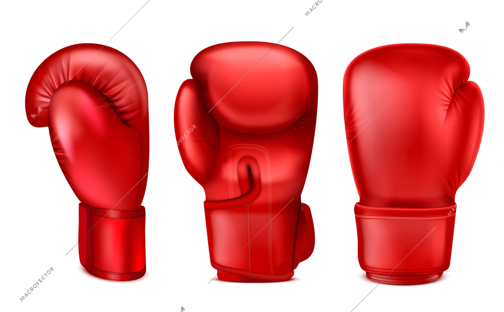 Boxing gloves realistic set with isolated images of red muffler from different angle on blank background vector illustration