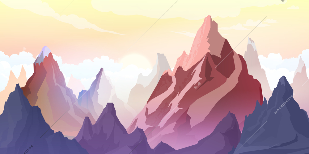 Flat landscape of high mountain peaks on background with sky sun and clouds vector illustration