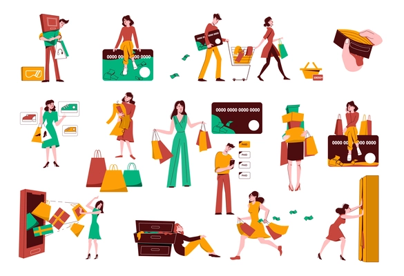 Discount sales promotion flat set of people with shopping bags and closets bursting with abundance of clothes vector illustration
