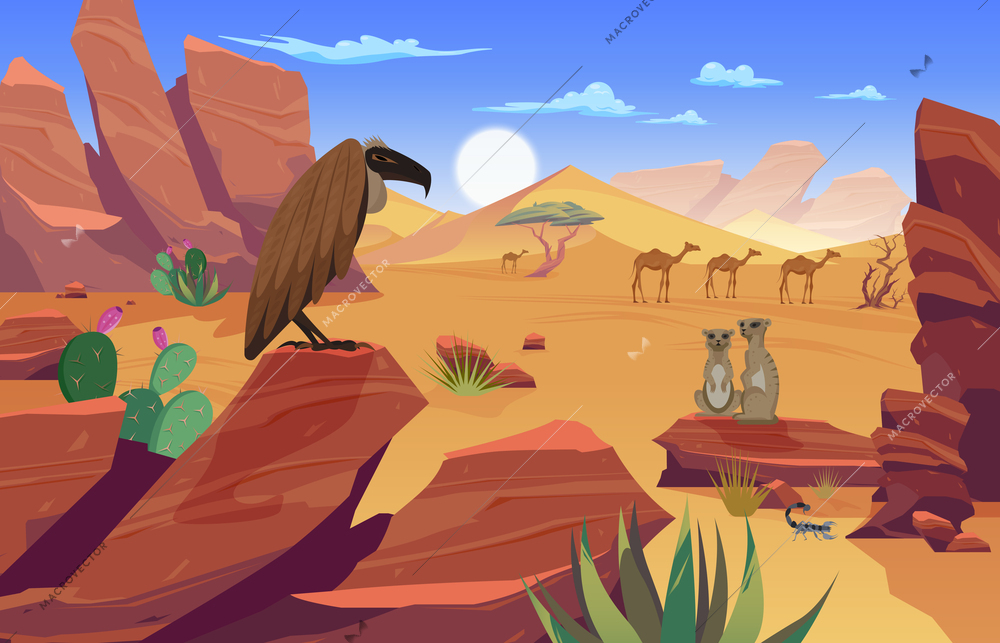 Desert animal composition with daylight landscape of wasteland with rocks sands trees with animals and birds vector illustration