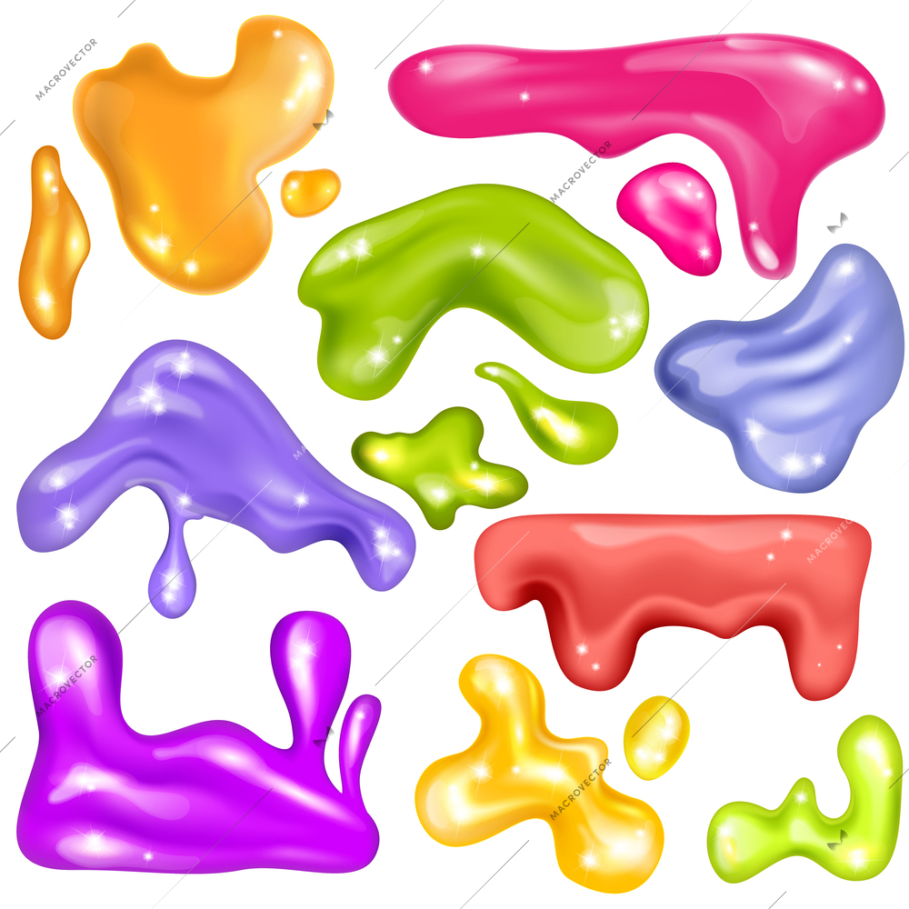 Realistic glossy glitter sweet slime set of isolated spots and blots of colorful liquid with sparkles vector illustration
